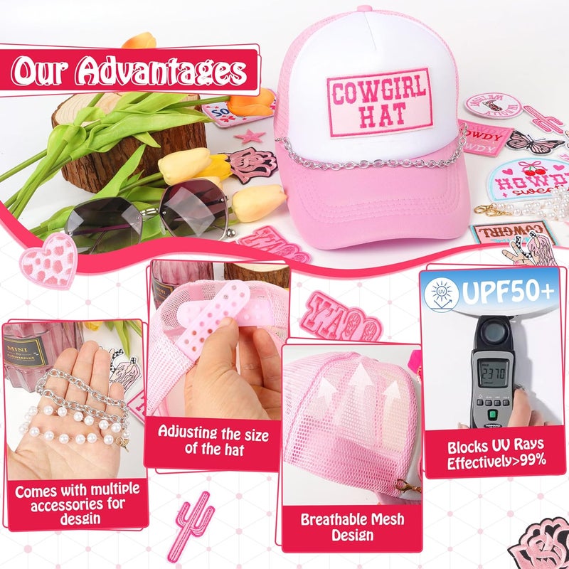 Meneng Women Trucker Hat Bulk: Western Adjustable Snapback Caps - Cowgirl DIY Hat Kit with Chains & Embroidered Patches - Image 4